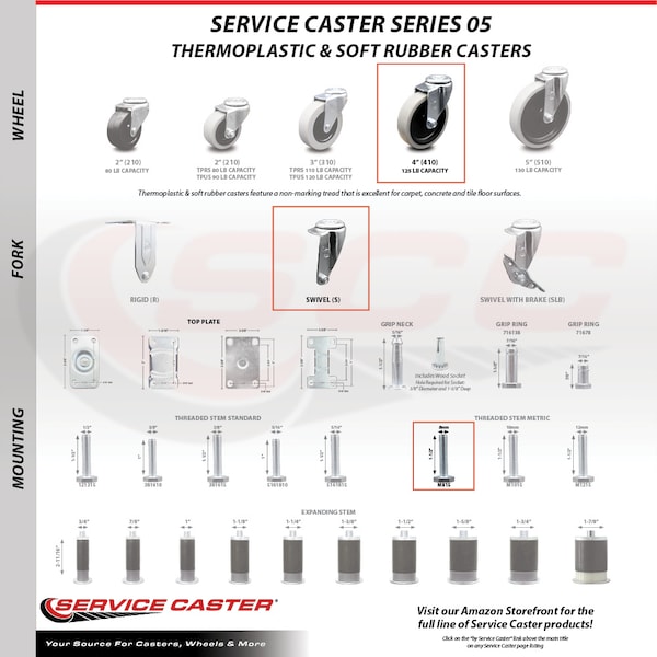 Service Caster 4 Inch Thermoplastic Rubber Wheel 8mm Threaded Stem Caster SCC-TS05S410-TPRS-M815 - main